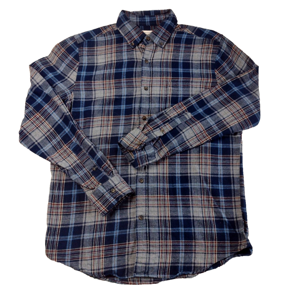 ST. JOHN'S BAY@ Gray Blue Red Plaid Flannel Shirt 100% Cotton Mens Size M